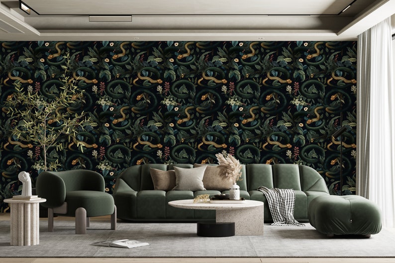 Dark Snakes Wallpaper, Dark Tropical Wallpaper, Dark Jungle Wallpaper, Vintage Dark Floral Wallpaper, Traditional Removable Wallpaper image 3