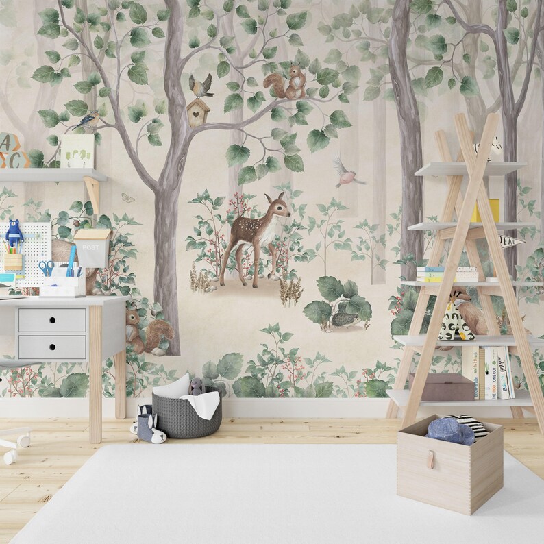 Woodland Animal Wall Mural – Forest Nursery Wallpaper, Peel and Stick ...