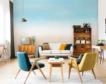 Blue Beige Gradient Wallpaper Mural | Ombre Sky Sand Effect Peel and Stick or Traditional Removable Minimalist Wall Art
