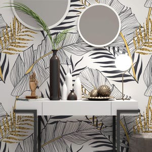 Modern Gold Black Leaf Wallpaper | Abstract Tropical Botanical Mural | Contemporary Home Entryway Decor | Peel and Stick or Traditional