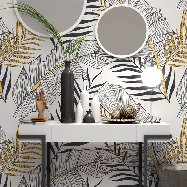 Gold Leaf Wallpaper | Abstract Tropical Mural, Peel and Stick