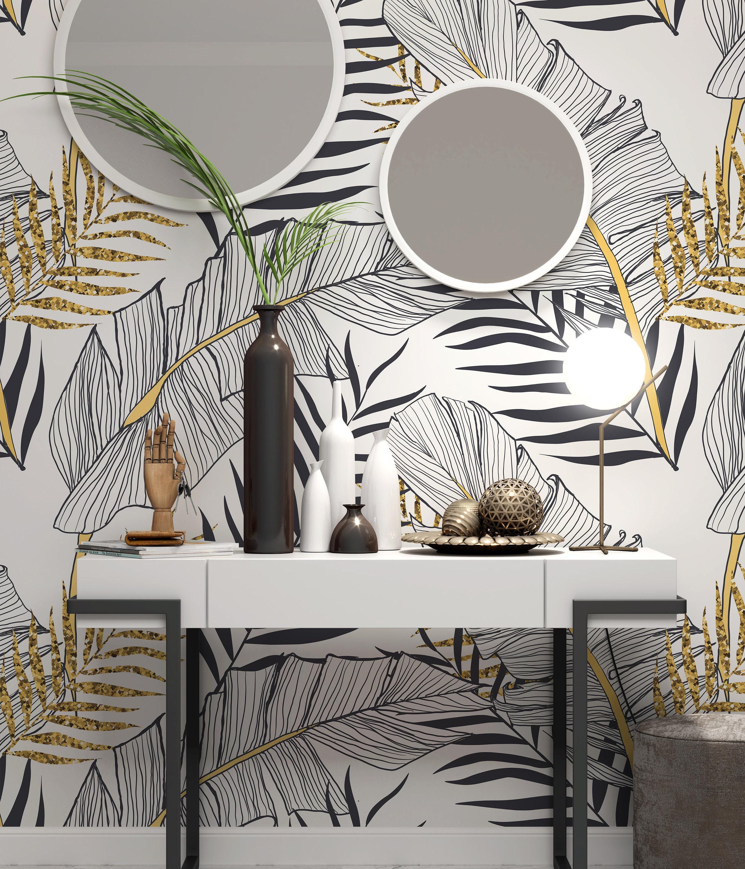 Gold Leaf Wallpaper | Abstract Tropical Mural, Peel and Stick - Etsy