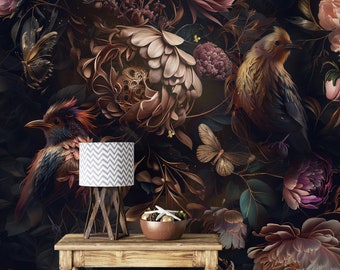 Dark Floral Wallpaper, Botanical Big Birds Wallpaper, Luxury Accent Wallpaper, Traditional Removable Wallpaper, Peel and Stick Wallpaper