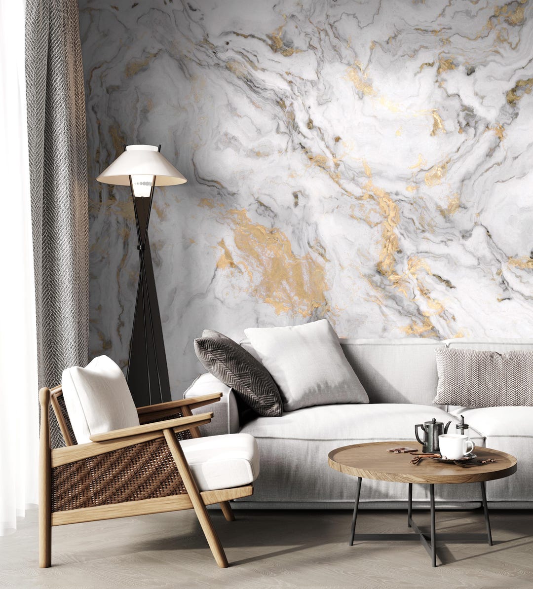 White and Gold Marble Wallpaper | Luxury Wall Mural, Peel and Stick - Etsy