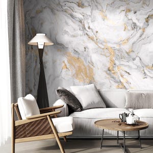 White and Gold Marble Wallpaper | Luxury Marble Wall Mural | Peel and Stick or Traditional | Living Room, Bedroom, Office Decor
