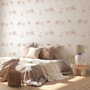 Neutral Palm Tree Wallpaper | Beige Tropical Wall Decor | Coastal Interior Design for Bedroom & Living Room | Peel and Stick or Traditional