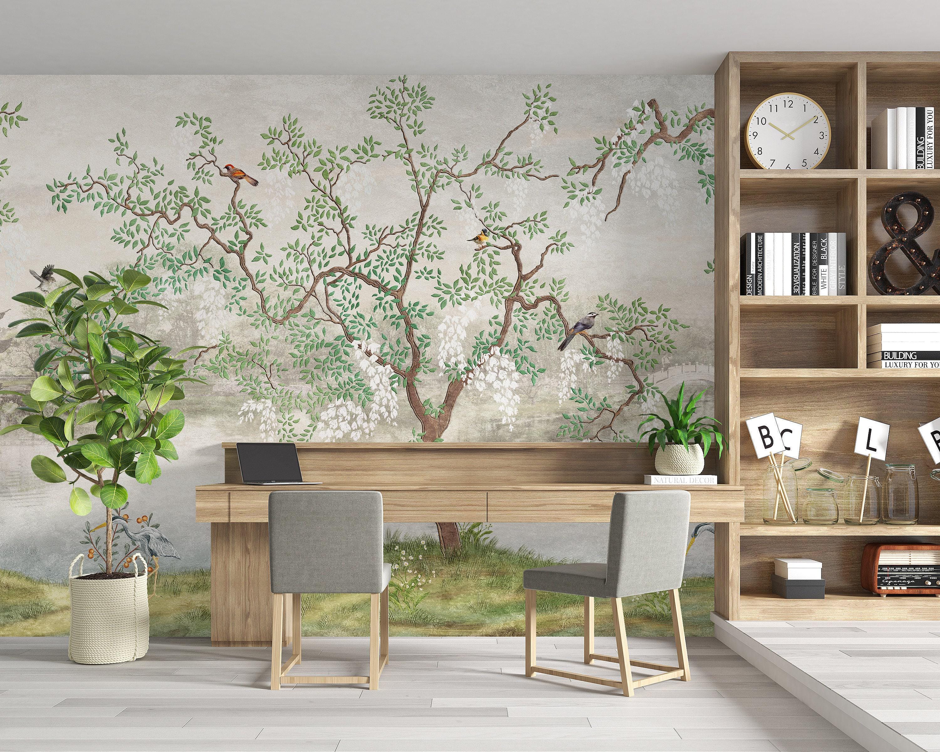 Chinoiserie Garden Wallpaper Mural – Birds, Trees, Lake (peel and Stick ...