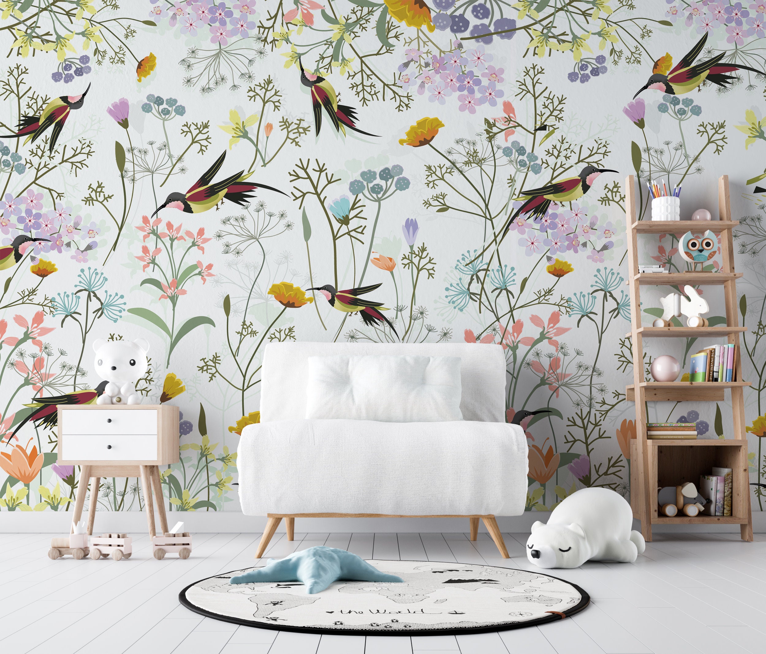 Fleurs de peinture à l'huile et oiseaux Floral Wallpaper Wall Mural,  Abstract Shabby Retro Cherry Branches with Resting Birds Wall Mural Wall  Decor -  France