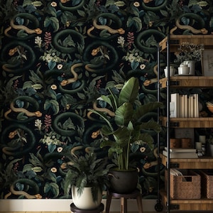 Carta da parati botanica Dark Snake / Carta da parati murale gotica Jungle / Stacca e attacca o tradizionale / Parete per bagno, salotto o decorazione