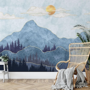 Silhouettes of Mountains with Trees Wallpaper, Mountains Abstraction Gold Sun and Clouds Wallpaper Mural, Wallpapers for Interiors