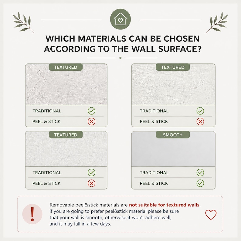 May include: An informational graphic titled WHICH MATERIALS CAN BE CHOSEN ACCORDING TO THE WALL SURFACE? It displays four wall texture examples, comparing traditional and peel and stick options with checkmarks and X symbols, plus a warning note.