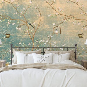 Classic Chinoiserie Birds Wallpaper | Peel and Stick Removable Floral Wall Mural in Vintage Beige Blue Tones