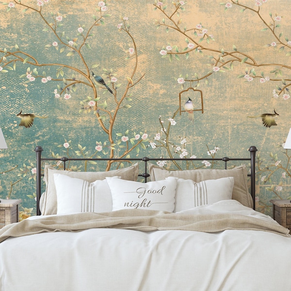 Papel pintado con pájaros de estilo chinoiserie / Mural floral vintage, beige y azul (autoadhesivo)