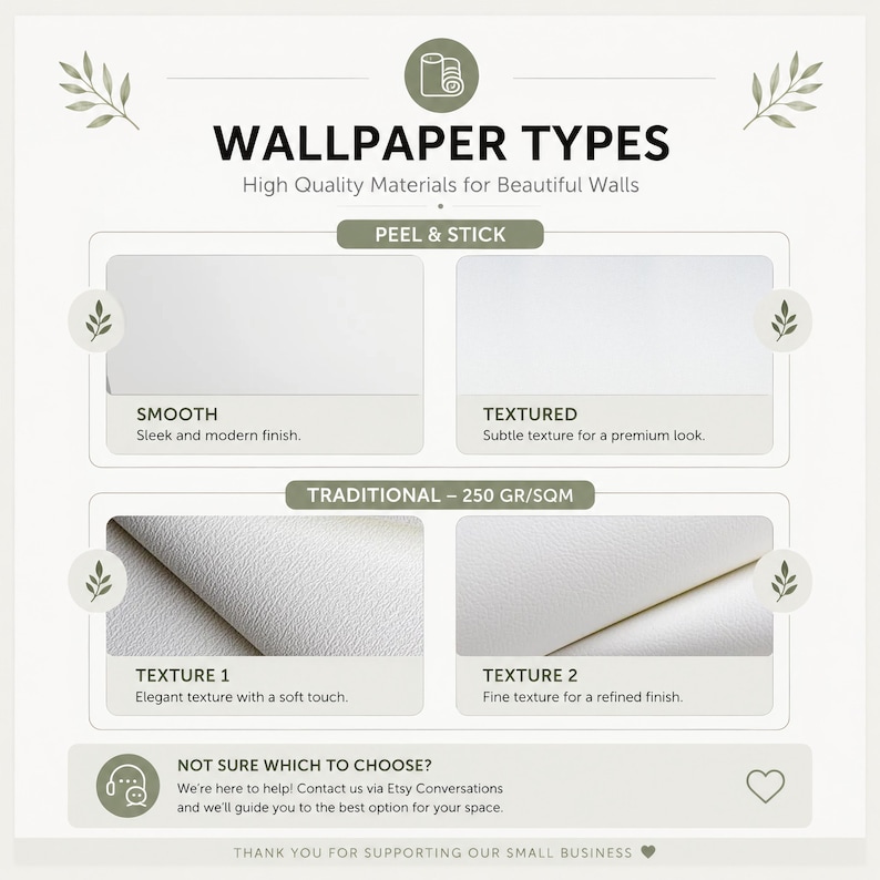 May include: An informational chart titled WALLPAPER TYPES displaying four material options. Peel & Stick includes smooth and textured finishes. Traditional 250 gr/sqm includes two distinct textures. The graphic includes contact information and icons.