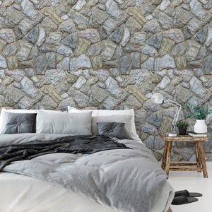 Gray Rustic Farmhouse Stone Wallpaper, Brick Wall Wallpaper Mural, Peel and Stick Self Adhesive, Removable Wallpaper
