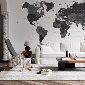 Schwarz Weiß Weltkarte Wandbild | Moderne Monochrome Politische Karte Wallpaper für Haus und Büro Dekor