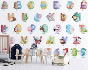 Alphabet Animals Wallpaper Mural, ABC Numbers Kids Room Decor (Peel and Stick or Traditional)