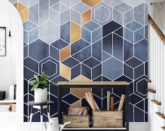 Blue Gold Hexagon Geometric Wallpaper, Peel and Stick Mural