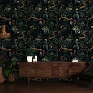 Dark Snakes Wallpaper, Dark Tropical Wallpaper, Dark Jungle Wallpaper, Vintage Dark Floral Wallpaper, Traditional Removable Wallpaper image 5