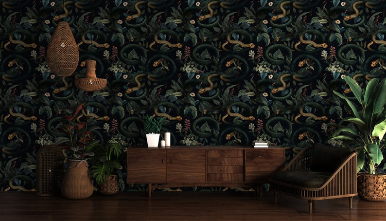 Dark Snakes Wallpaper, Dark Tropical Wallpaper, Dark Jungle Wallpaper, Vintage Dark Floral Wallpaper, Traditional Removable Wallpaper image 5