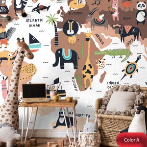 Cartoon Animal World Map Wallpaper | Fun Peel and Stick or Traditional Mural | Nursery, Playroom, or Kindergarten Decor