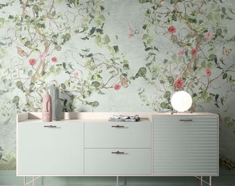 Vintage Botanical Bird Wallpaper Mural – Peel and Stick or Traditional