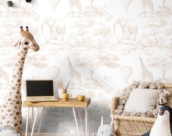 Neutral Safari Toile Wallpaper: Beige Elephant & Giraffe Nursery Decor