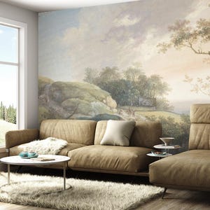 The Morning-schilderijbehang, vintage aquareltekeningbehang, landschapsretrobehang, natuurbehang, Peel-and-Stick-behang