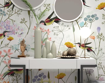 Floral Bird Wallpaper | Vibrant Botanical Wall Mural (Peel and Stick or Traditional)