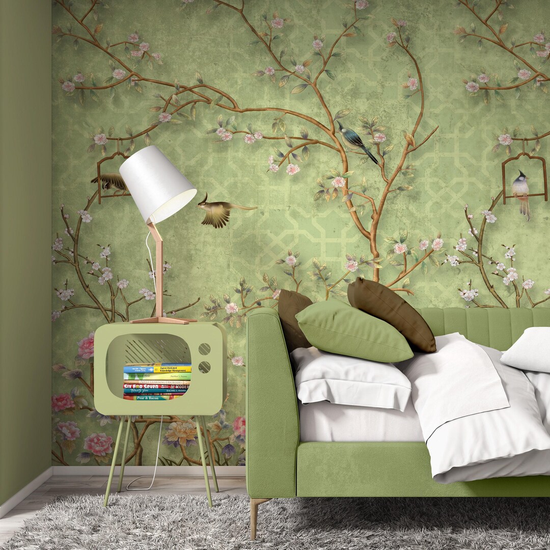 Green Floral Birds Wallpaper | Vintage Nature Wall Art (peel and Stick ...
