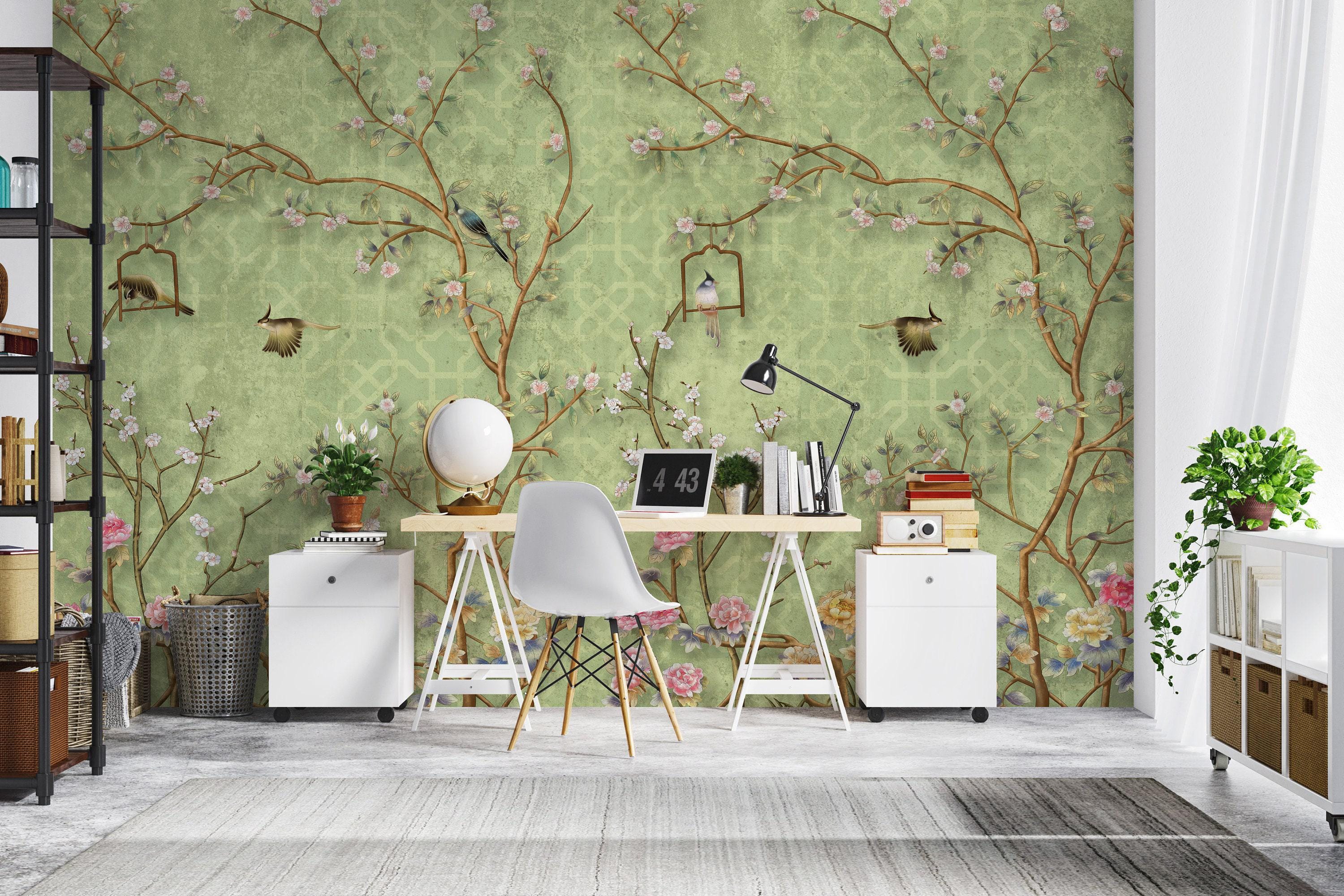 Green Floral Birds Wallpaper | Vintage Nature Wall Art (peel and Stick ...