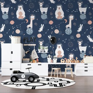 Cute Space Animals Wallpaper, Astronaut Animals Wall Mural for Kids Room, Nursery Decor Boy Wallpaper, Removable Wall Mural