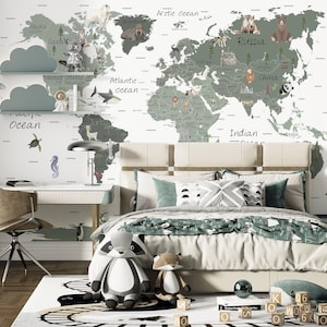 Pastell Weltkarte Wallpaper | Schälen und aufkleben oder traditionell | Süße Tier Sehenswürdigkeiten Teenager Jungen und Mädchen Schlafzimmer Dekor