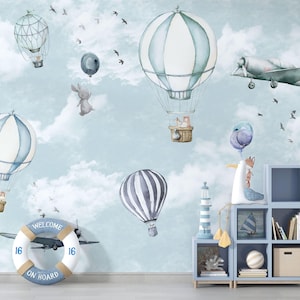 Carta da parati mongolfiere, carta da parati per bambini con simpatici animali volanti, murale con aereo nel cielo, carta da parati staccabile e adesiva, carta da parati rimovibile per bambini