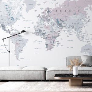 Graustufen Weltkarte Wallpaper | Schälen und aufkleben oder traditionell | Minimalistisches Schlafzimmer Dekor