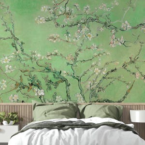 Van Gogh Green Blossom Wallpaper, Almond Branches Art Mural, Fine Art Peel and Stick, Removable Traditional Floral Wallpaper