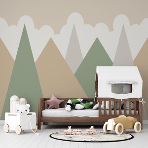 Kids Wallpaper, Green Brown Mountains Wallpaper, Nursery Wallpaper, Triangles Minimalistic Wall Art for Kids Room, Landscape Wallpaper