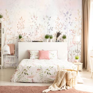 Watercolor Botanical Wallpaper, Delicate Pastel Leaves Wall Mural, Peel and Stick or Traditional, Feminine Nursery Bedroom Accent Wall Decor