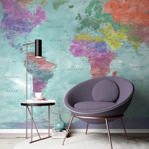Soft Aquarell Weltkarte Wallpaper | Buntes Schälen und Aufkleben oder Traditionelles Wandbild | Wohnzimmer Wand Dekor