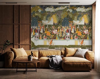 May include: A large wall mural featuring a detailed, colorful historical painting of figures in traditional attire, trees, and animals in a garden setting. The mural is displayed on a wall behind a tan sectional sofa with a wooden coffee table.