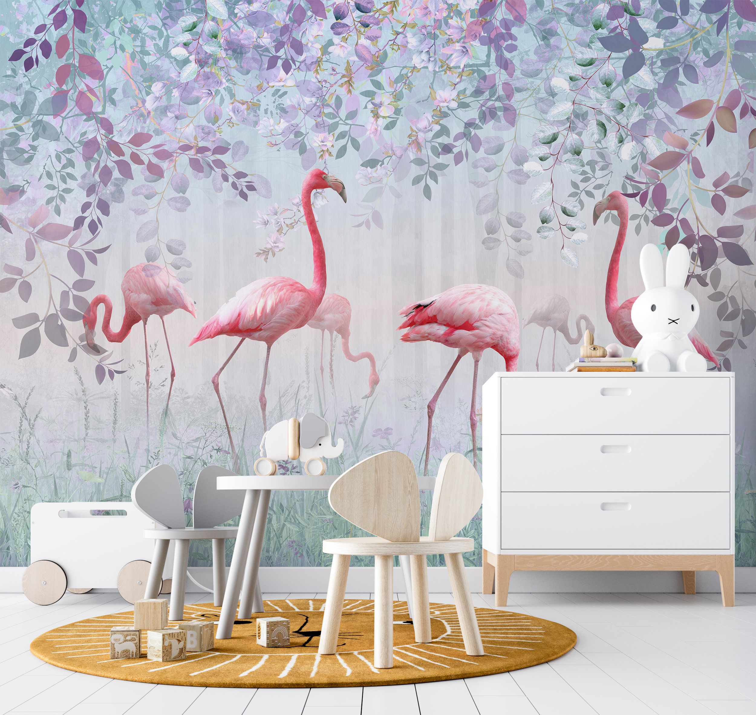 Floral Wallpaper, Pink Flamingos Wallpaper Trees Forest Wallpaper