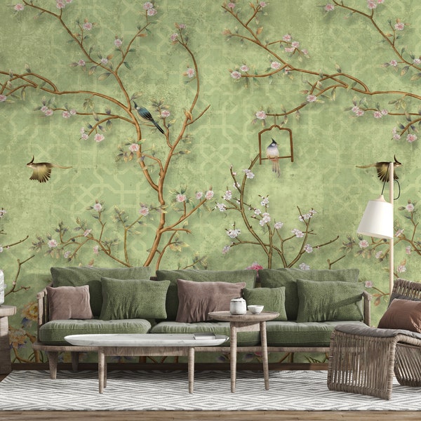 Green Vintage Distressed Chinoiserie Wallpaper, Vintage Decor Wallpaper Wall Mural, Birds Trees Floral Wallpaper, Peel and Stick Wall Mural