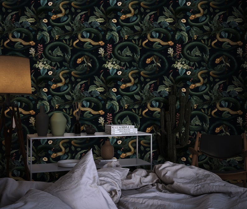 Dark Snakes Wallpaper, Dark Tropical Wallpaper, Dark Jungle Wallpaper, Vintage Dark Floral Wallpaper, Traditional Removable Wallpaper image 7