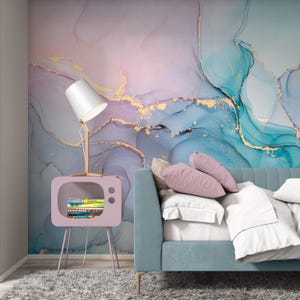 Papel pintado de mármol azul aguamarina con vetas doradas, mural autoadhesivo