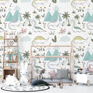 恐竜と山の壁紙：子供部屋用壁画、粘着式 画像 3