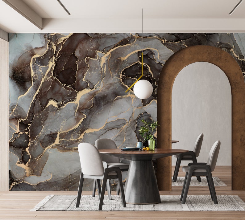 Modern Luxury Art Wallpaper, Gray Gold Bronze Marble Wallpaper, Fluid Art Painting Marble Wallpaper, Abstract Marble Wallpaper, Peel Stick image 7