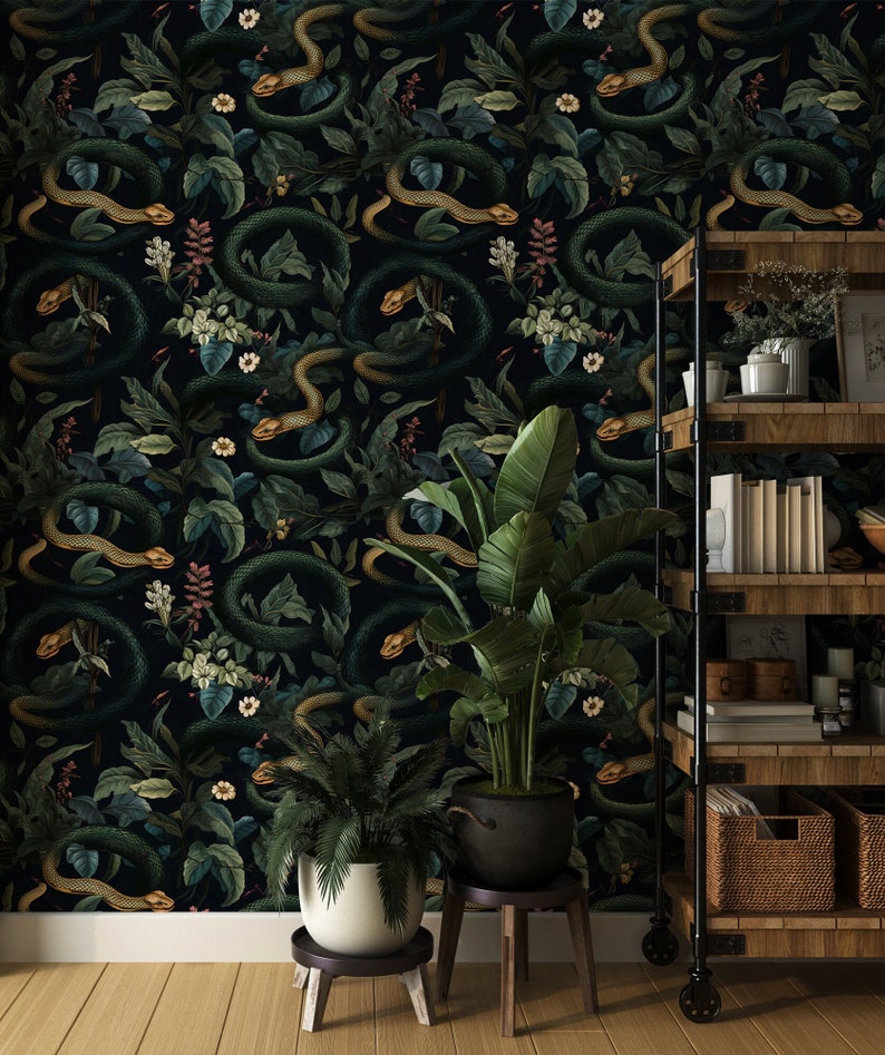 Dark Snakes Wallpaper, Dark Tropical Wallpaper, Dark Jungle Wallpaper, Vintage Dark Floral Wallpaper, Traditional Removable Wallpaper image 1