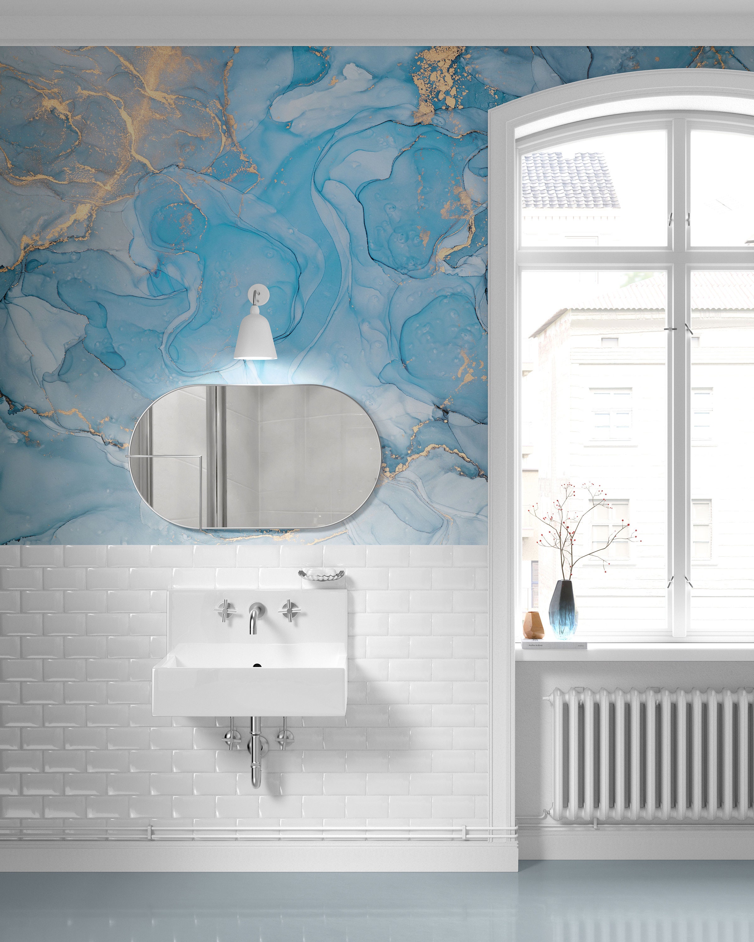 Baby Blue Ink Art Wallpaper Blauwe en Gouden Muurschildering