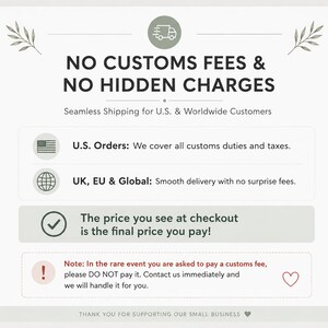 以下が含まれることがあります： NO CUSTOMS FEES & NO HIDDEN CHARGESと書かれたダークグレーの文字がある白い情報グラフィック。米国、英国、EU、および世界中への配送ポリシー、最終価格の確認、関税に関する指示が記載されています。