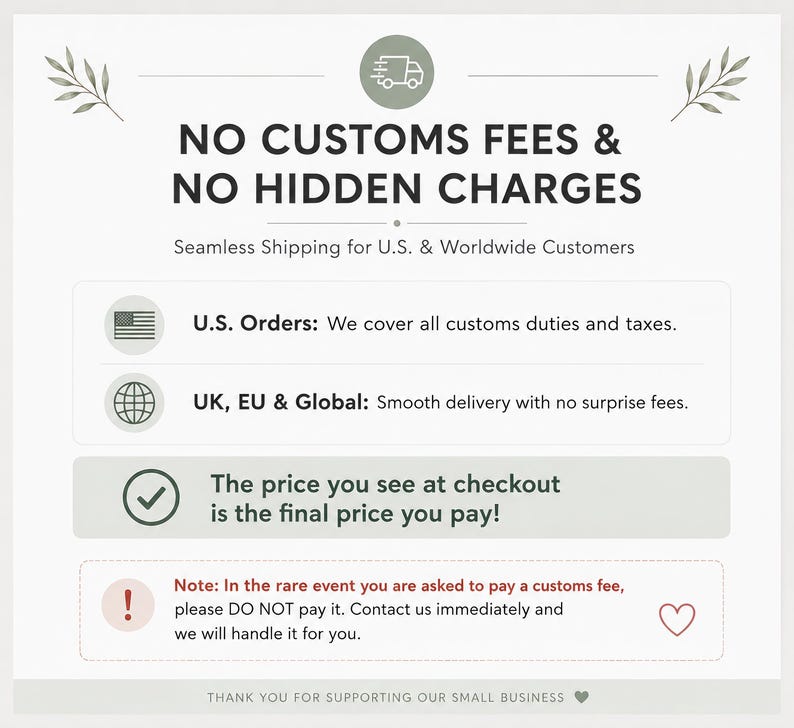 以下が含まれることがあります： NO CUSTOMS FEES & NO HIDDEN CHARGESと書かれたダークグレーの文字がある白い情報グラフィック。米国、英国、EU、および世界中への配送ポリシー、最終価格の確認、関税に関する指示が記載されています。